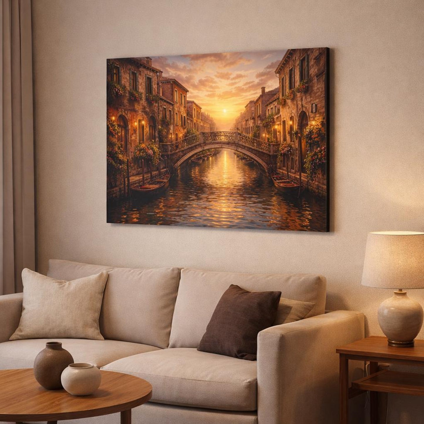 Vintage Venetian Canal Golden Sunset shown as canvas wall art in a modern living room