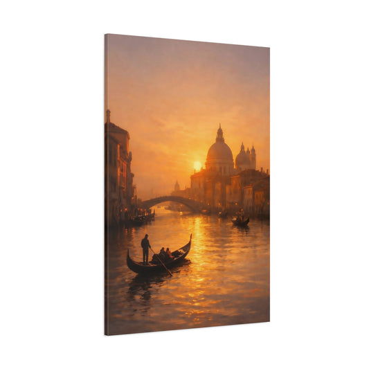 Main Mockup. Vintage Venetian Canal Golden Venice Sunset shown as stretched canvas wall art