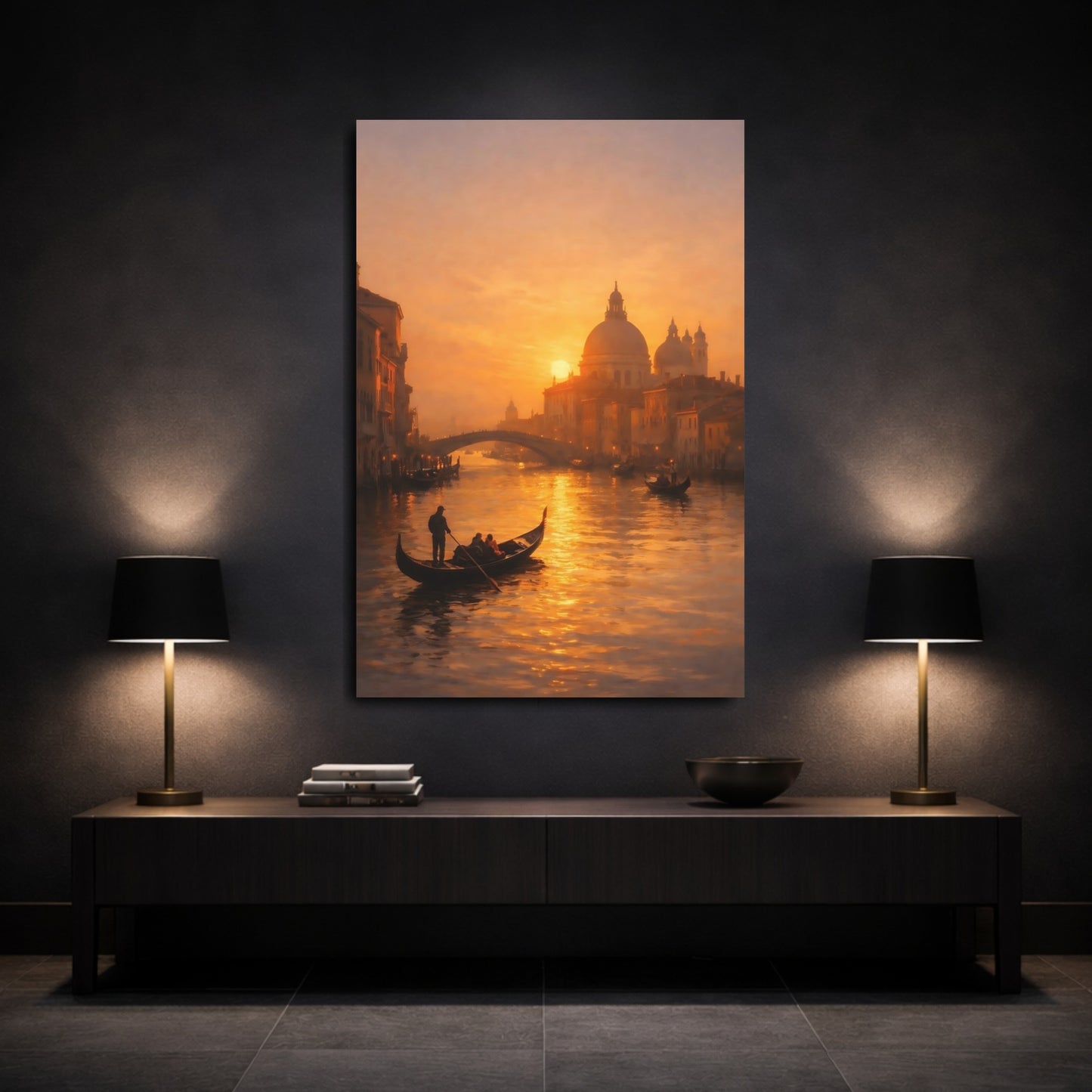 Mockup 2. Vintage Venetian Canal Golden Venice Sunset shown as stretched canvas wall art