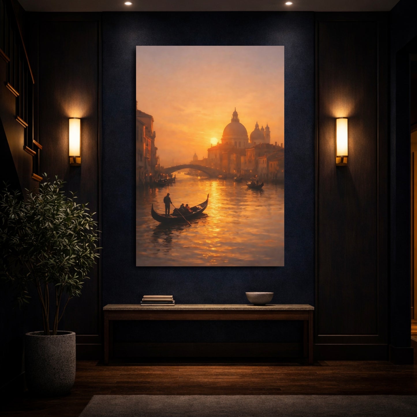 Mockup 3. Vintage Venetian Canal Golden Venice Sunset shown as stretched canvas wall art