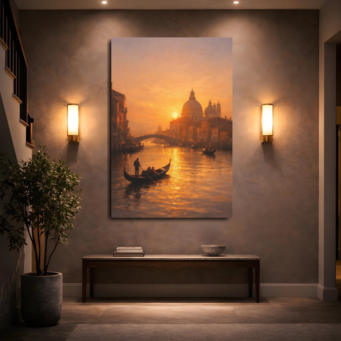 Mockup 4. Vintage Venetian Canal Golden Venice Sunset shown as stretched canvas wall art