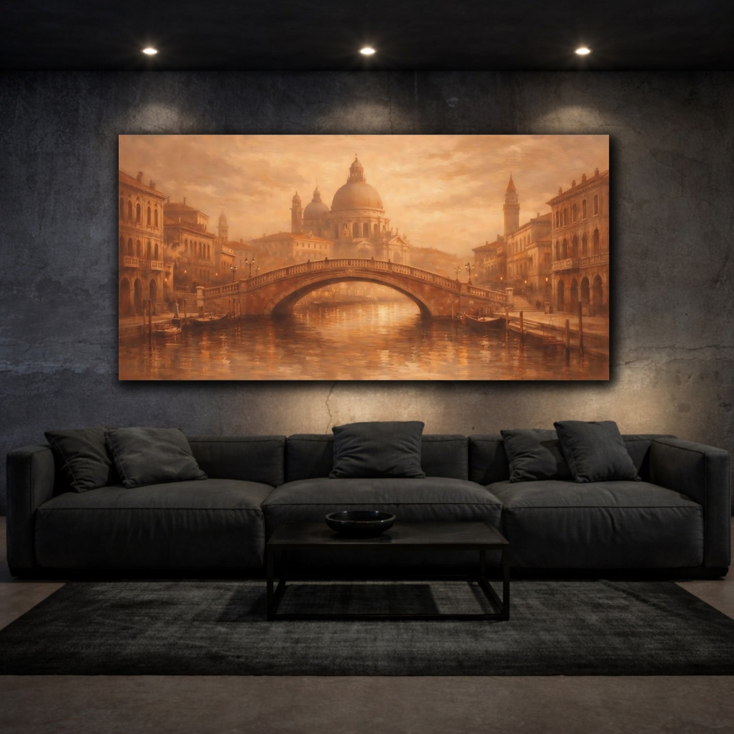 Mockup 2. Vintage Venetian Cityscape Brown And Gold shown as stretched canvas wall art