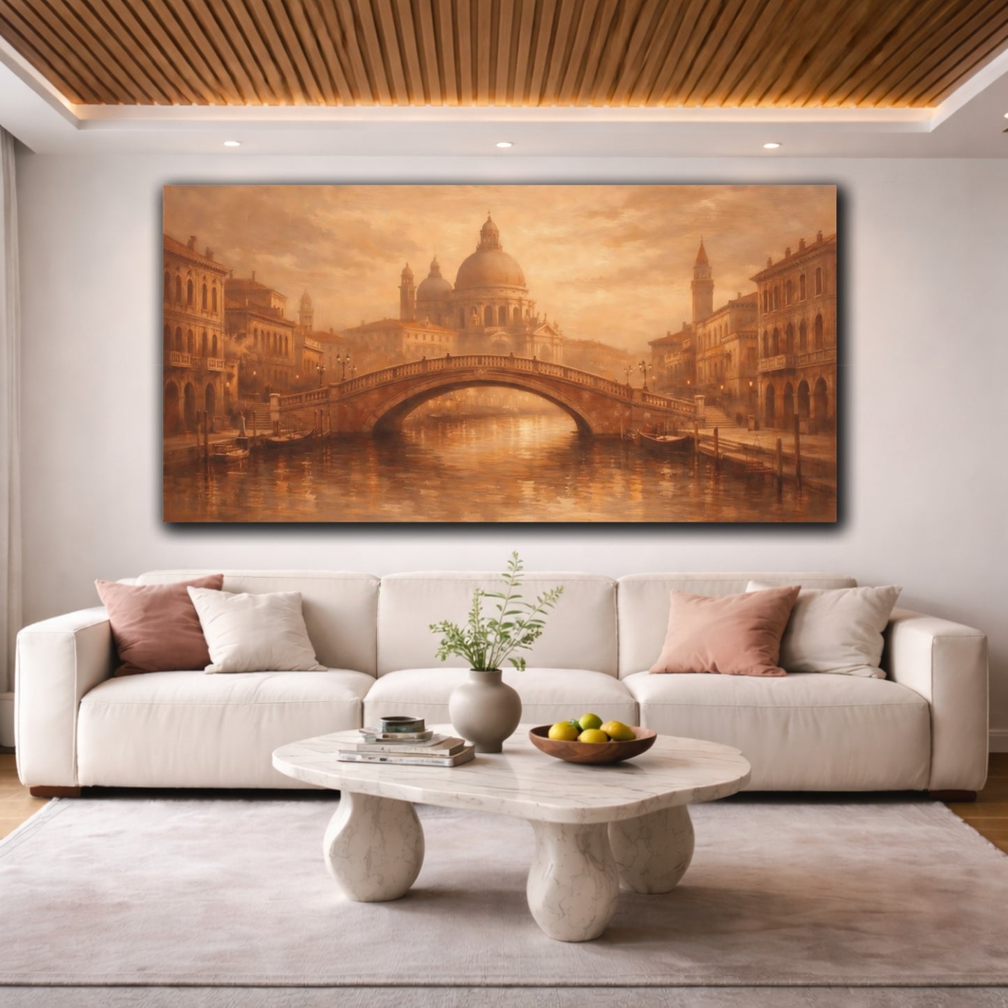 Mockup 3. Vintage Venetian Cityscape Brown And Gold shown as stretched canvas wall art