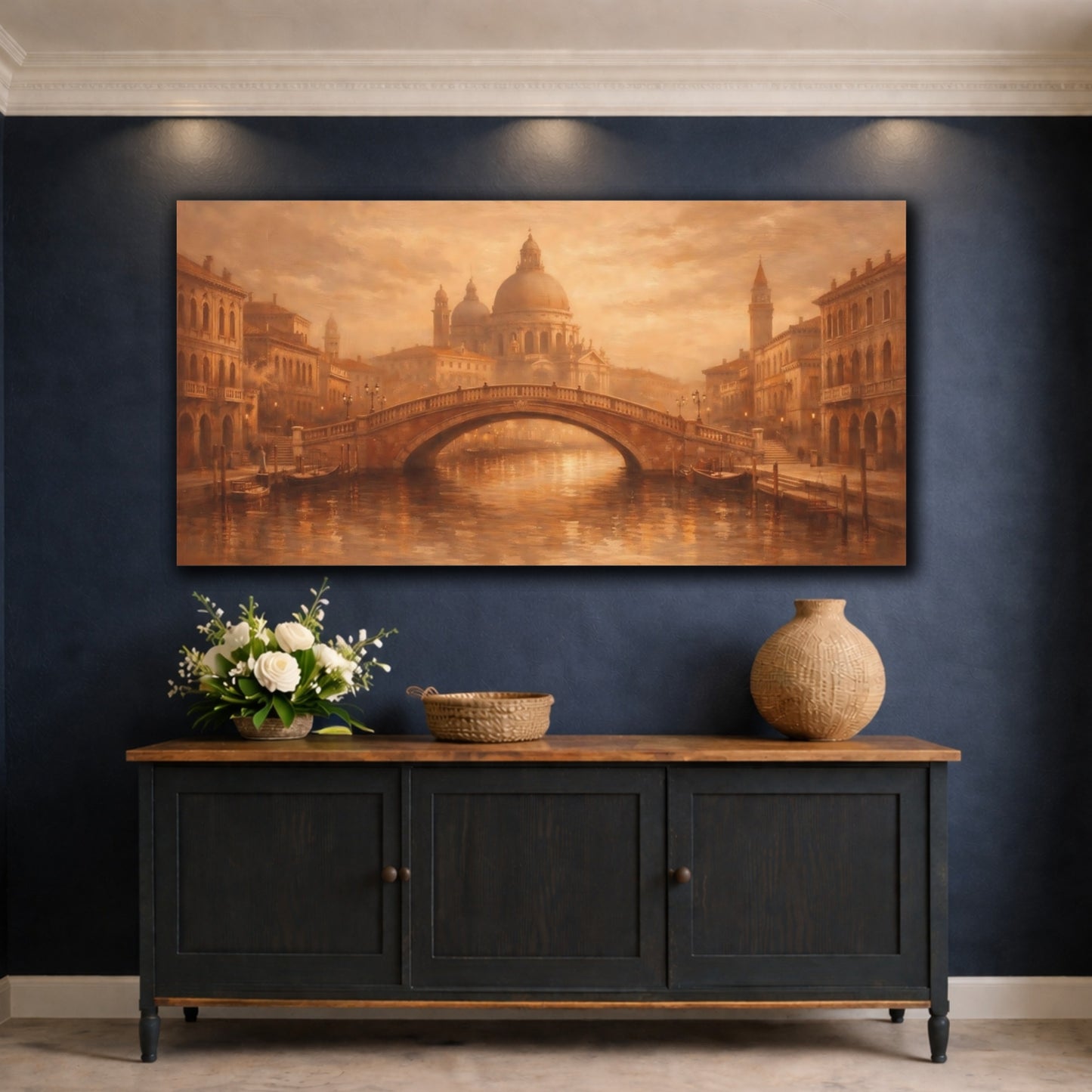 Mockup 4. Vintage Venetian Cityscape Brown And Gold shown as stretched canvas wall art