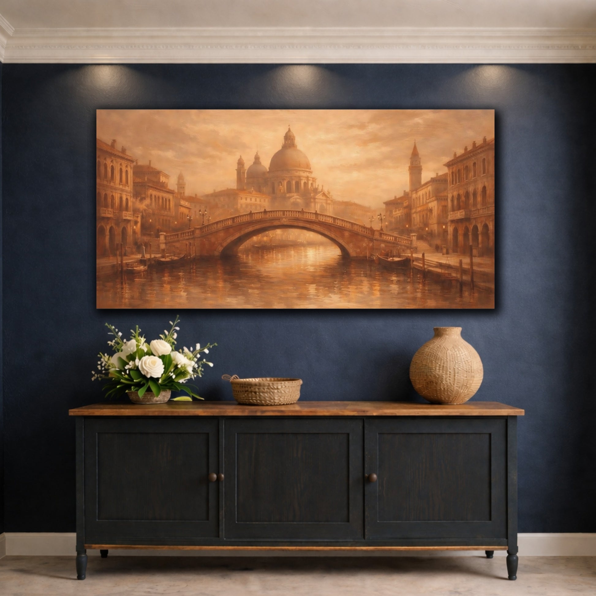 Mockup 4. Vintage Venetian Cityscape Brown And Gold shown as stretched canvas wall art