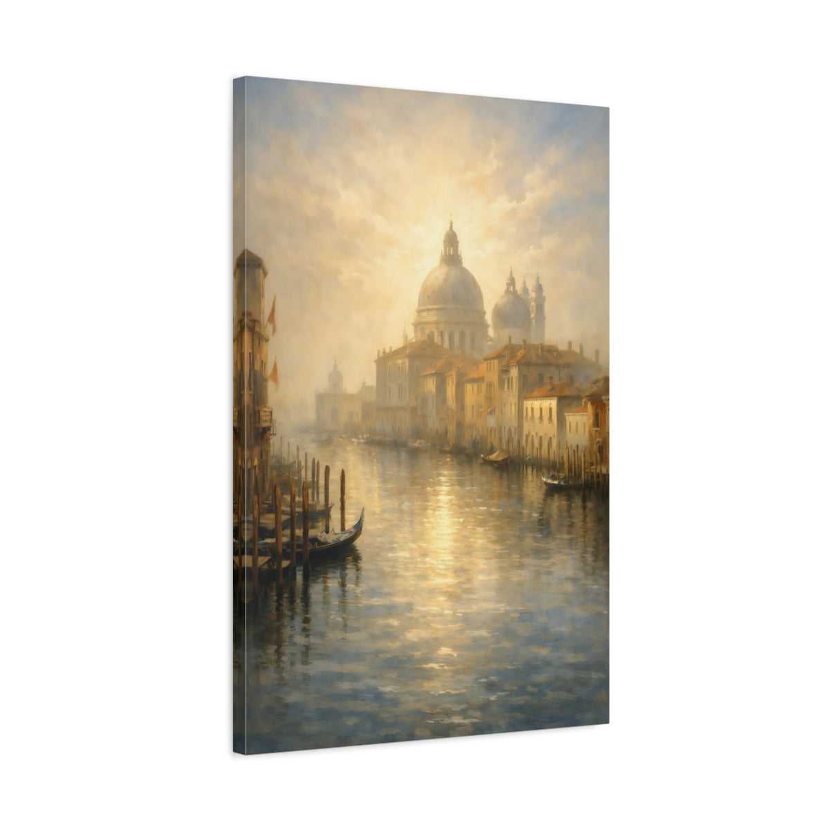 Side Mockup 2. Vintage Venice Canal Golden Venice shown as stretched canvas wall art