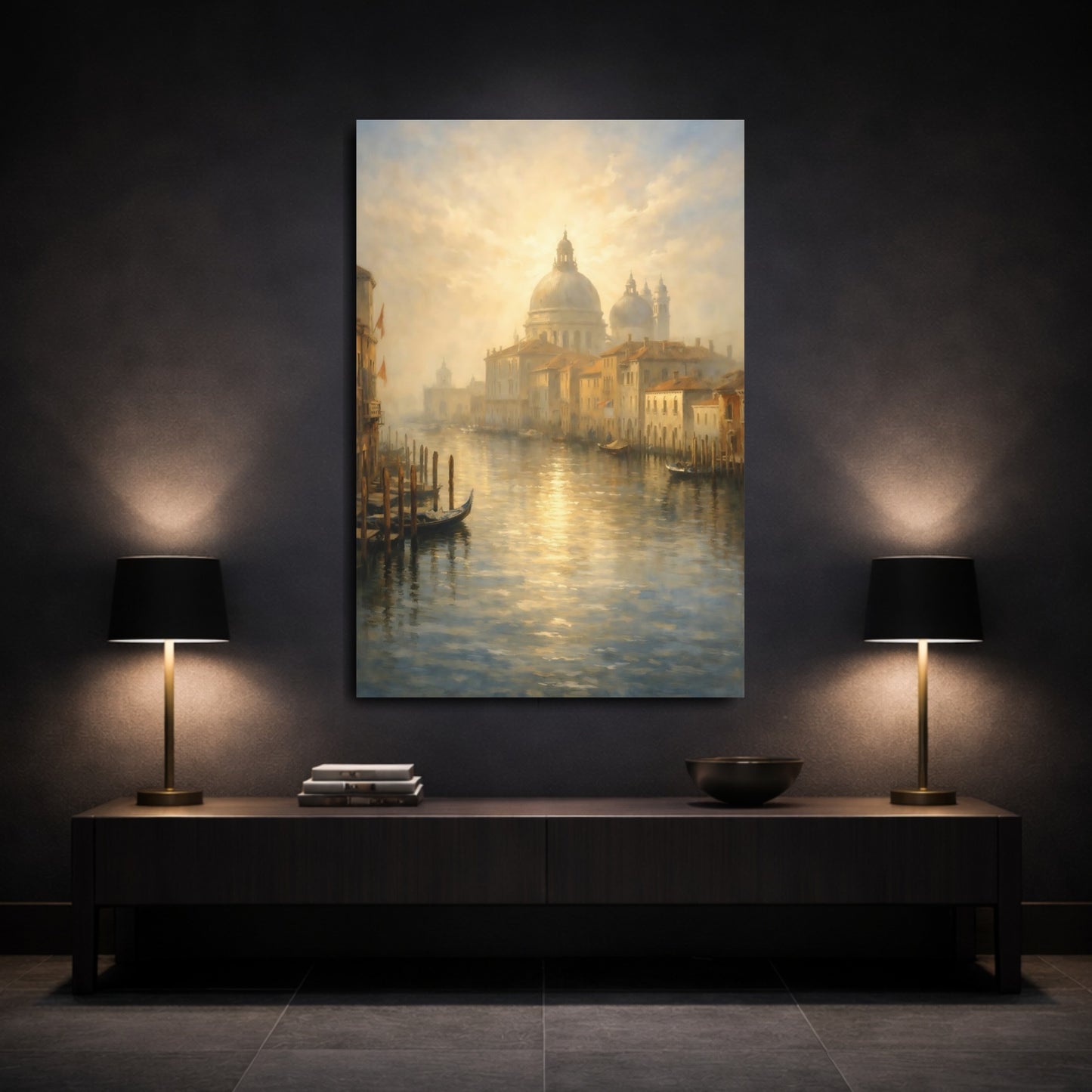 Mockup 2. Vintage Venice Canal Golden Venice shown as stretched canvas wall art
