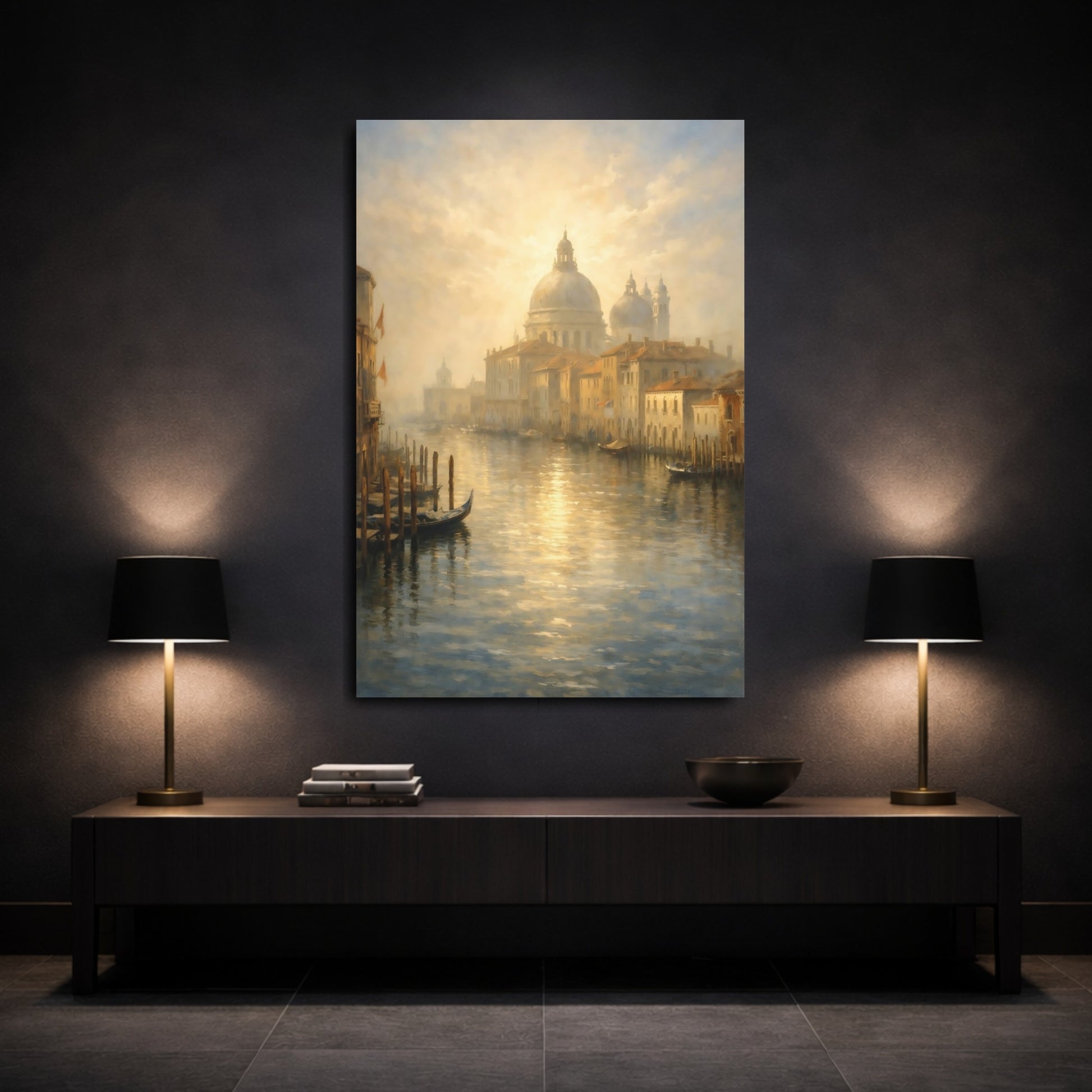 Mockup 2. Vintage Venice Canal Golden Venice shown as stretched canvas wall art