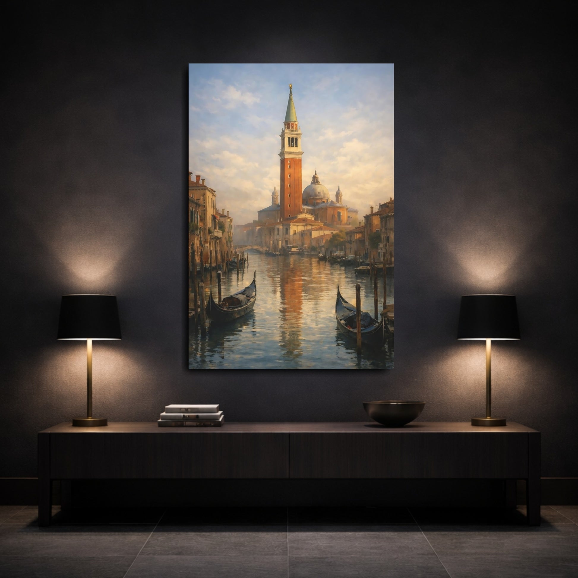 Mockup 2. Vintage Venice Canal Muted Venice Art shown as stretched canvas wall art