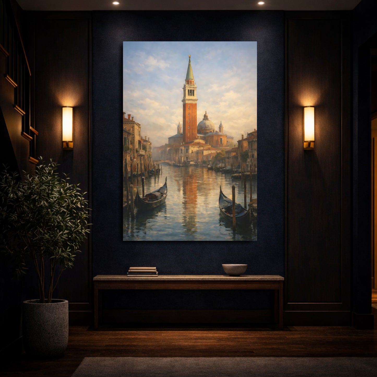 Mockup 3. Vintage Venice Canal Muted Venice Art shown as stretched canvas wall art
