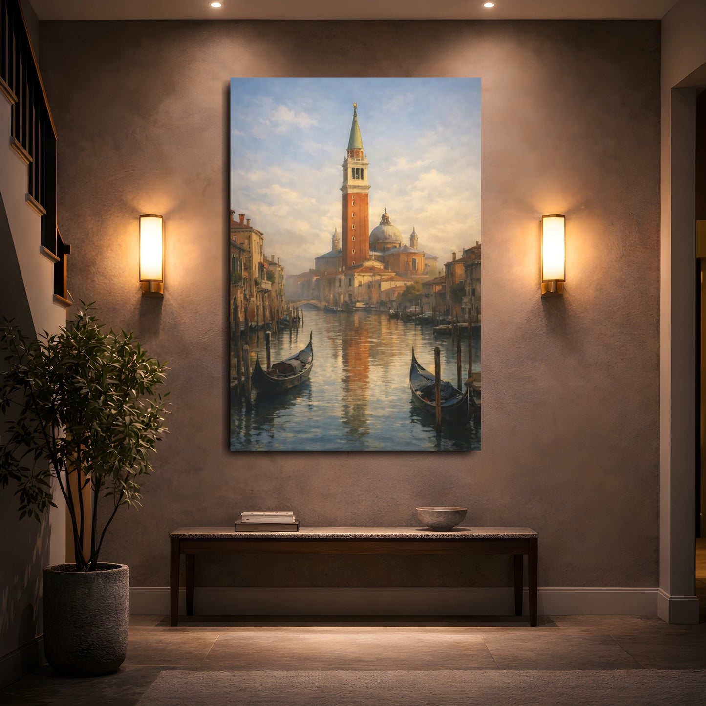 Mockup 4. Vintage Venice Canal Muted Venice Art shown as stretched canvas wall art