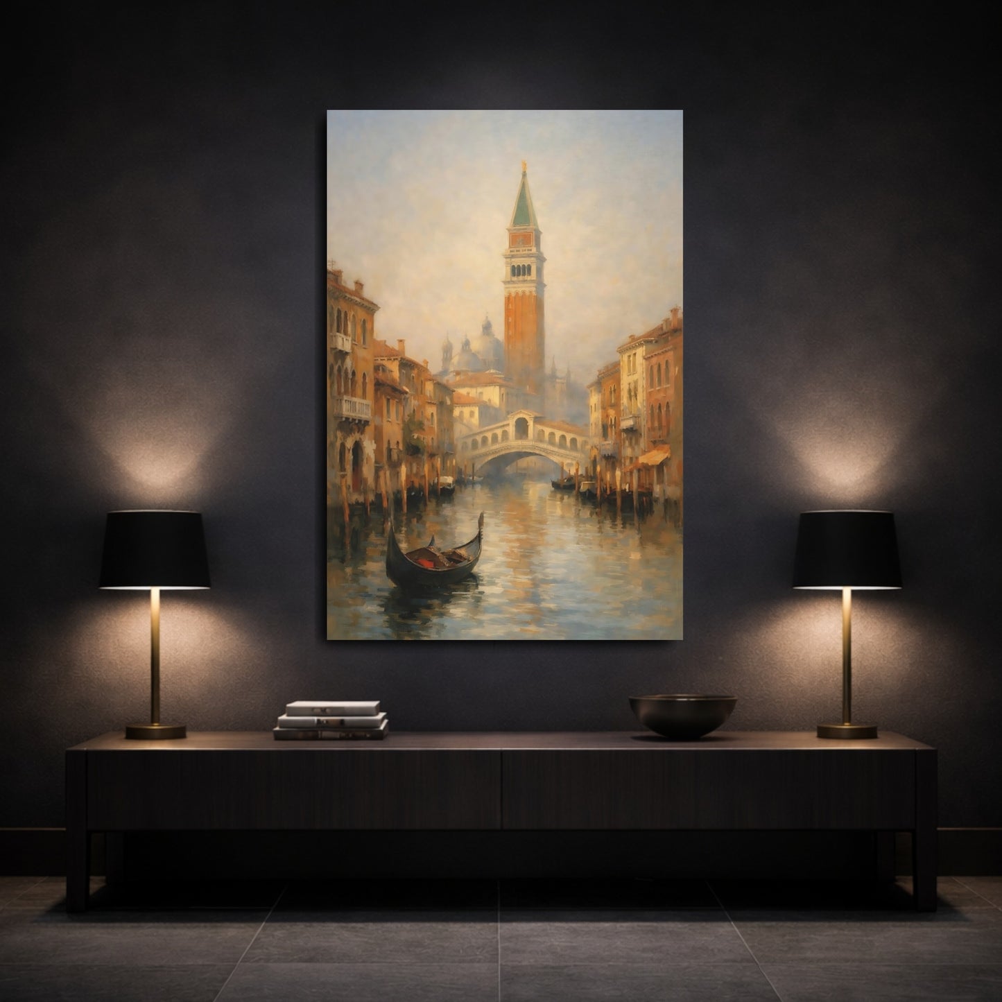 Mockup 2. Vintage Venice Canal Venice Cityscape shown as stretched canvas wall art