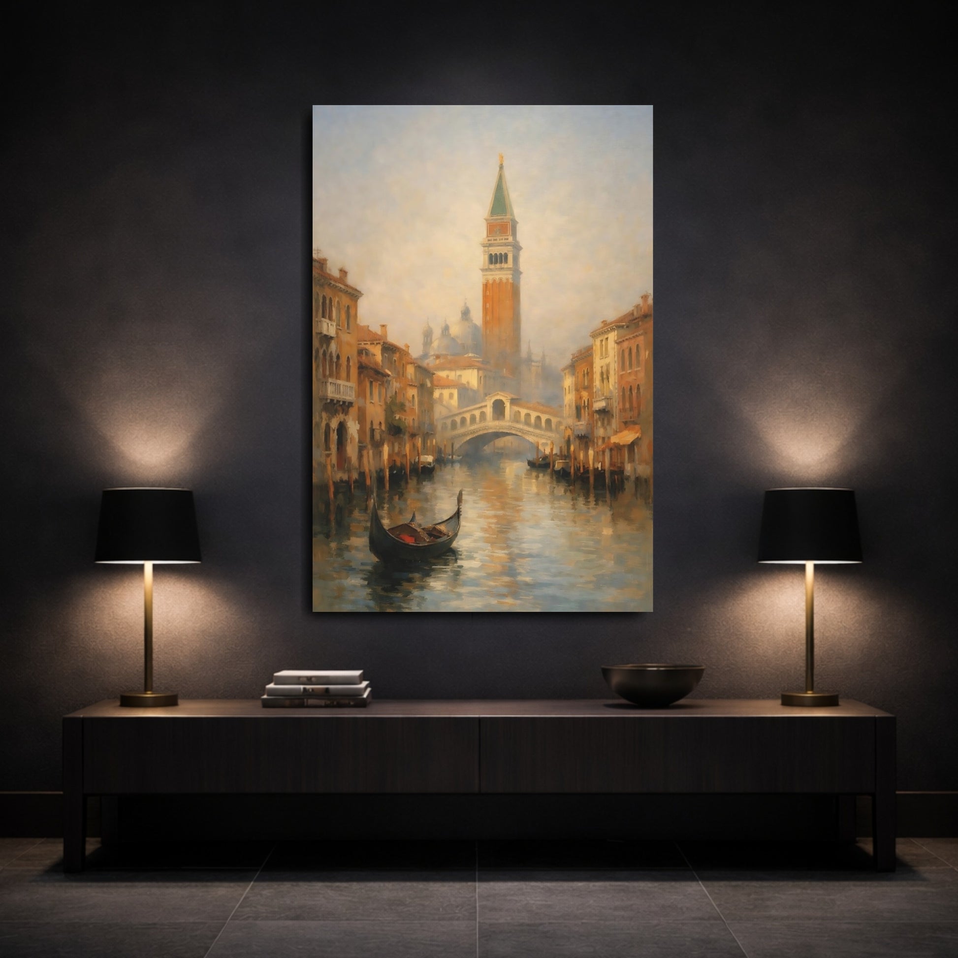 Mockup 2. Vintage Venice Canal Venice Cityscape shown as stretched canvas wall art