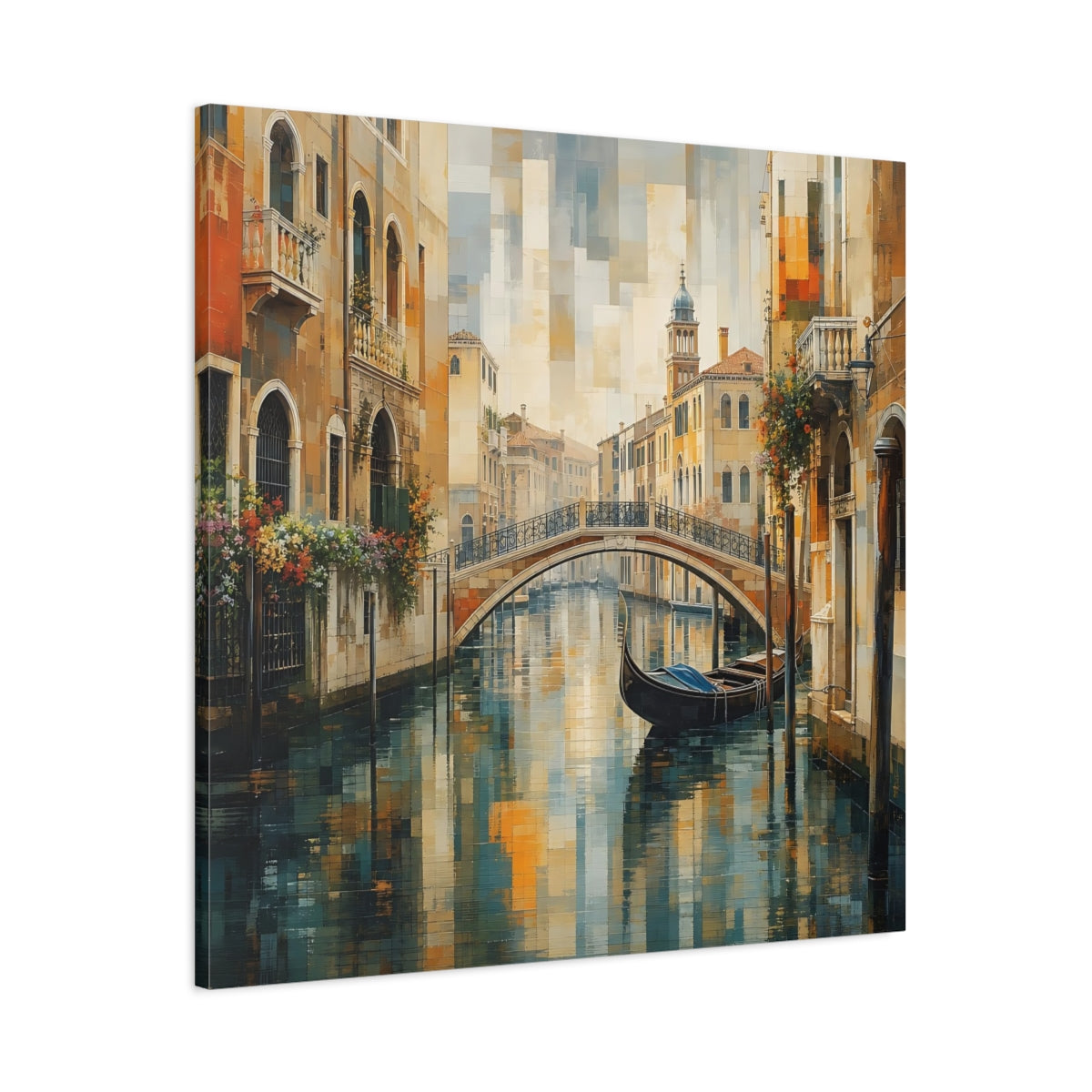 Main Mockup. Vintage Venice Canal Warm Blue Cityscape shown as stretched canvas wall art