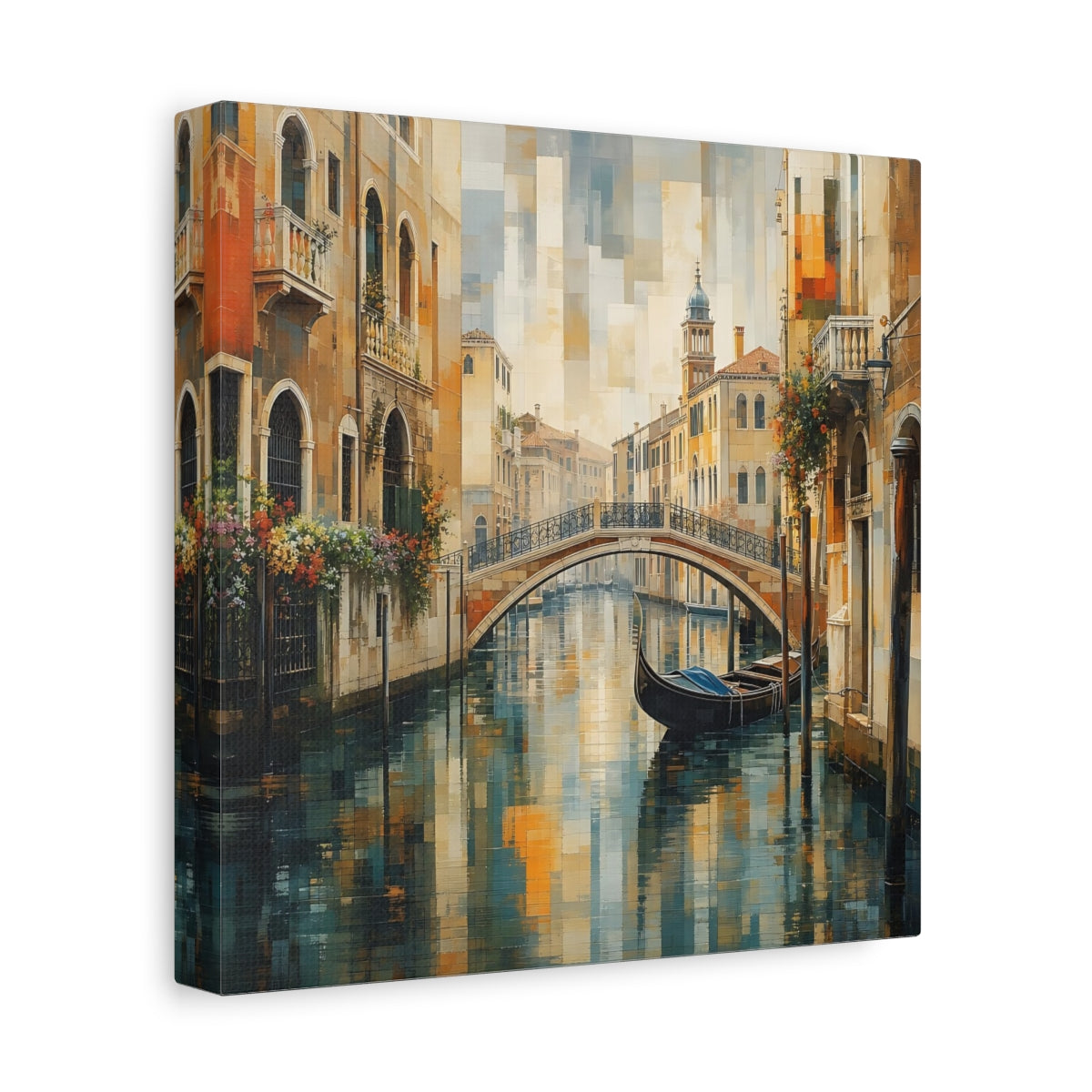 Side Mockup 9. Vintage Venice Canal Warm Blue Cityscape shown as stretched canvas wall art