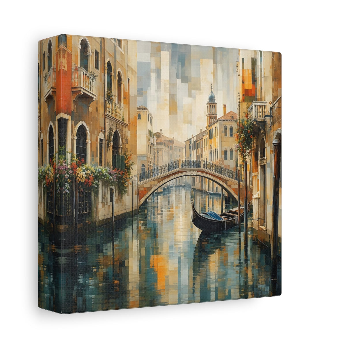 Side Mockup 2. Vintage Venice Canal Warm Blue Cityscape shown as stretched canvas wall art