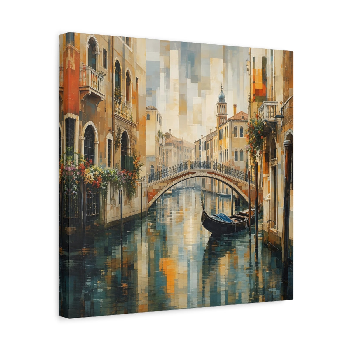 Side Mockup 6. Vintage Venice Canal Warm Blue Cityscape shown as stretched canvas wall art
