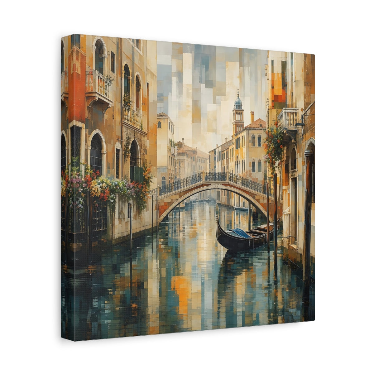 Side Mockup 8. Vintage Venice Canal Warm Blue Cityscape shown as stretched canvas wall art