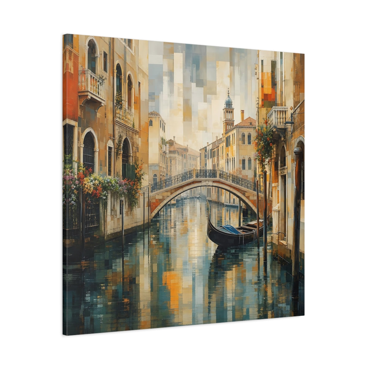 Side Mockup 1. Vintage Venice Canal Warm Blue Cityscape shown as stretched canvas wall art