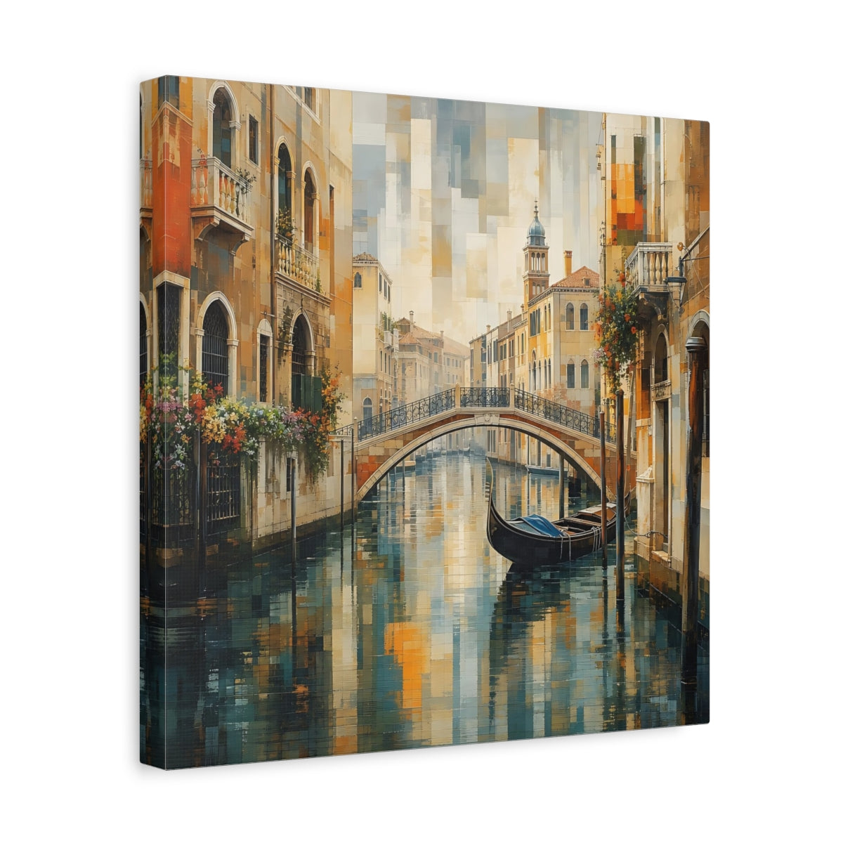 Side Mockup 7. Vintage Venice Canal Warm Blue Cityscape shown as stretched canvas wall art