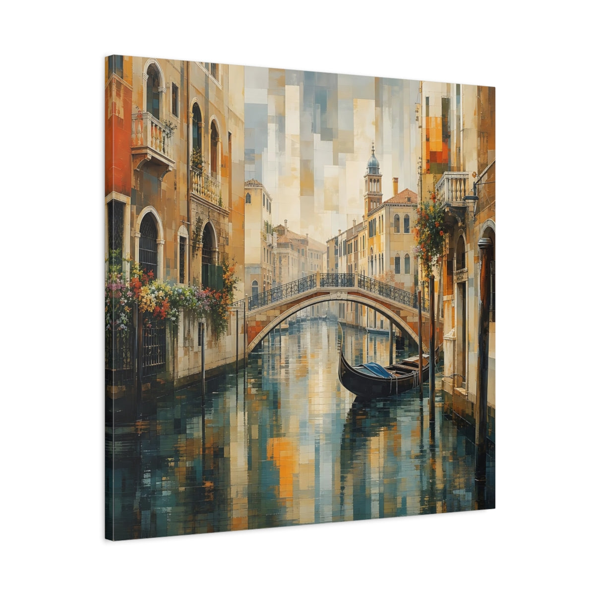 Side Mockup 3. Vintage Venice Canal Warm Blue Cityscape shown as stretched canvas wall art