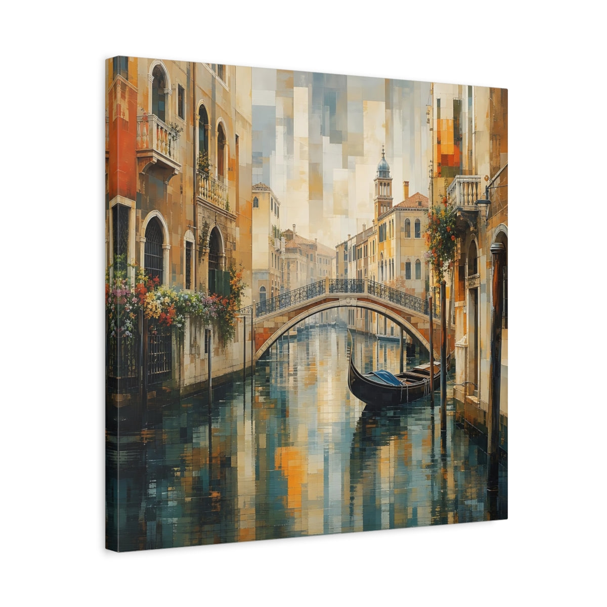 Side Mockup 5. Vintage Venice Canal Warm Blue Cityscape shown as stretched canvas wall art