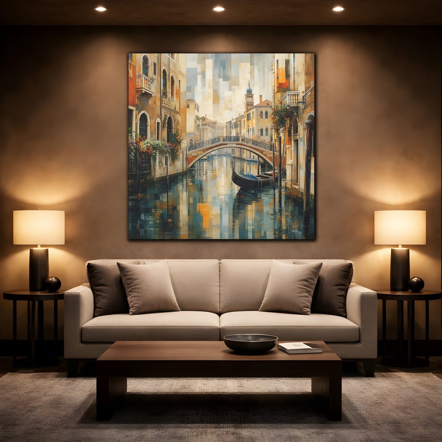 Mockup 2. Vintage Venice Canal Warm Blue Cityscape shown as stretched canvas wall art