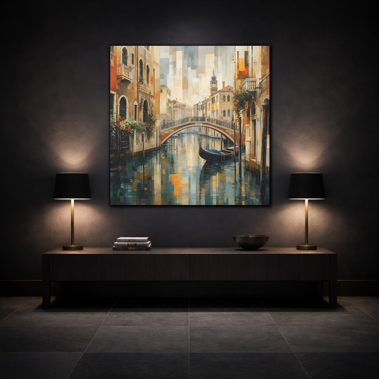 Mockup 3. Vintage Venice Canal Warm Blue Cityscape shown as stretched canvas wall art