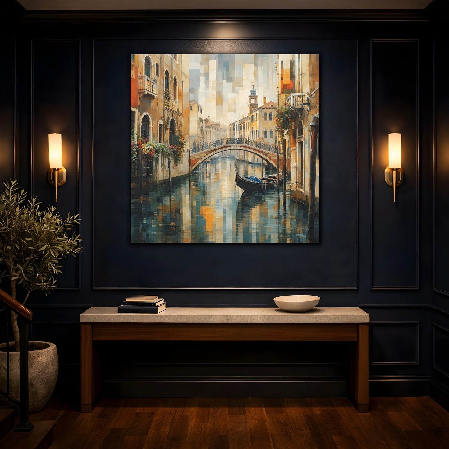 Mockup 4. Vintage Venice Canal Warm Blue Cityscape shown as stretched canvas wall art