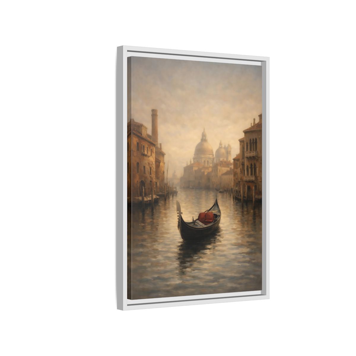 Side Mockup 1. Vintage Venice Gondola Misty Venice shown as stretched canvas wall art