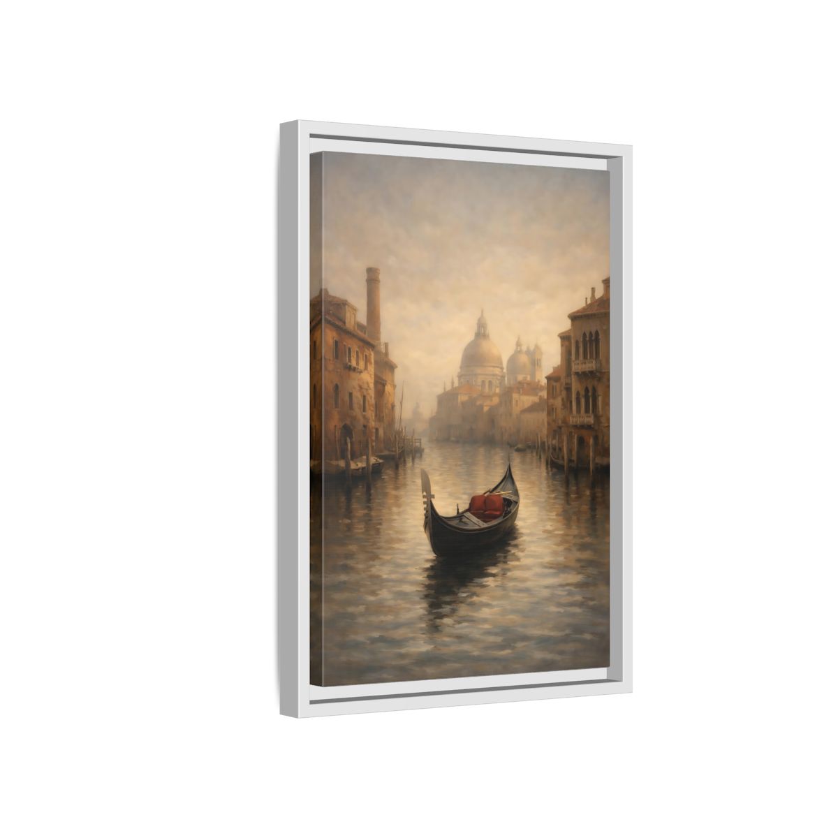 Side Mockup 4. Vintage Venice Gondola Misty Venice shown as stretched canvas wall art