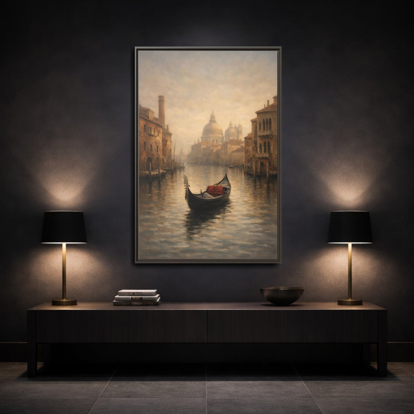 Mockup 2. Vintage Venice Gondola Misty Venice shown as stretched canvas wall art