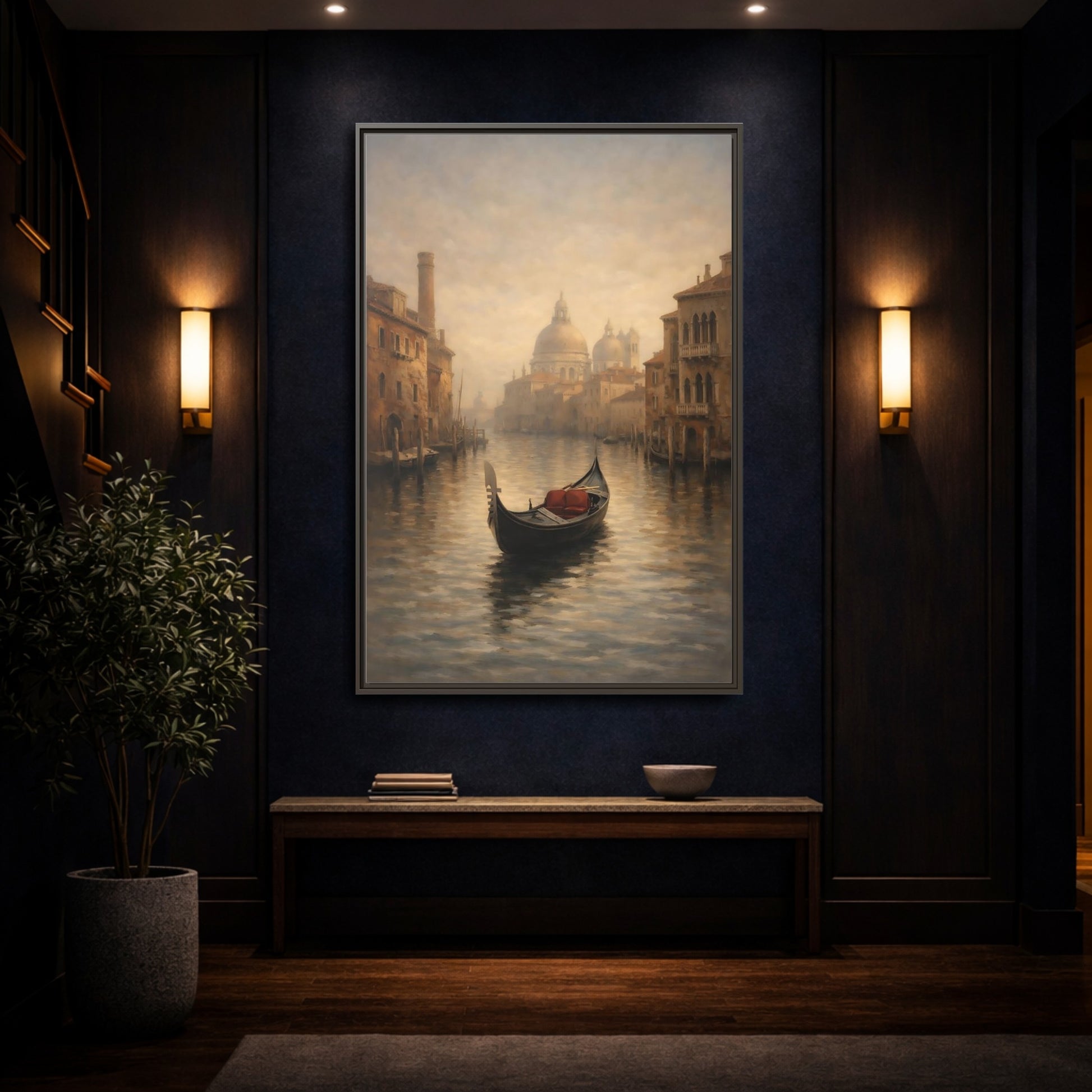 Mockup 3. Vintage Venice Gondola Misty Venice shown as stretched canvas wall art