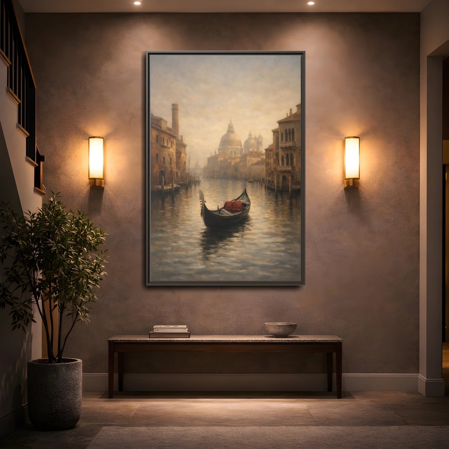 Mockup 4. Vintage Venice Gondola Misty Venice shown as stretched canvas wall art