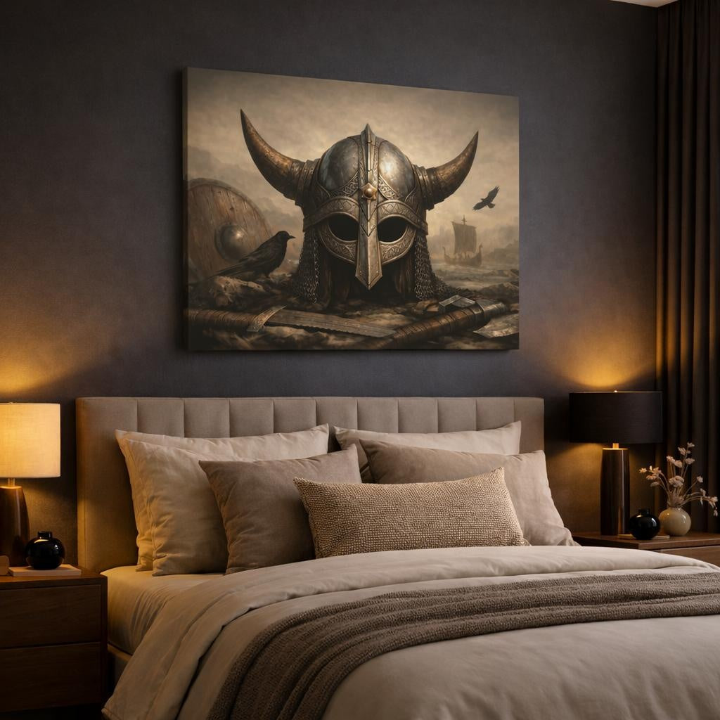 Vintage Viking Helmet shown as canvas wall art in a luxury bedroom