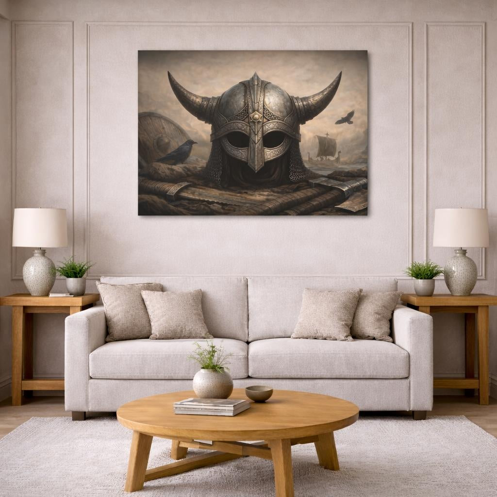 Vintage Viking Helmet shown as canvas wall art in a modern living room