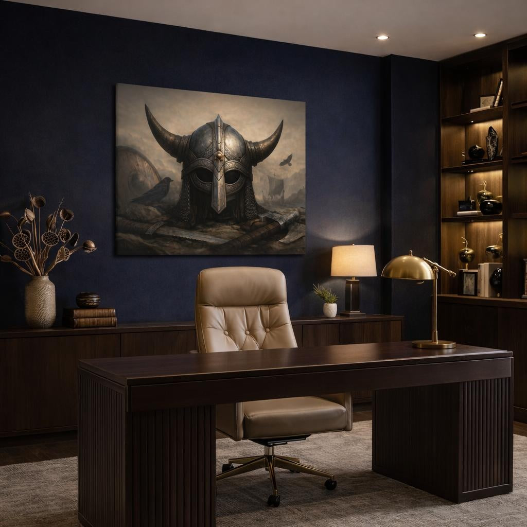 Vintage Viking Helmet shown as canvas wall art in a refined dining room