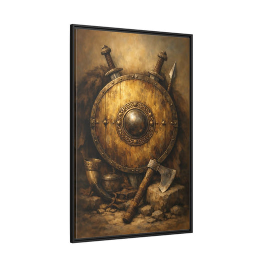 Main Mockup. Vintage Viking Shield Brown And Gold shown as stretched canvas wall art
