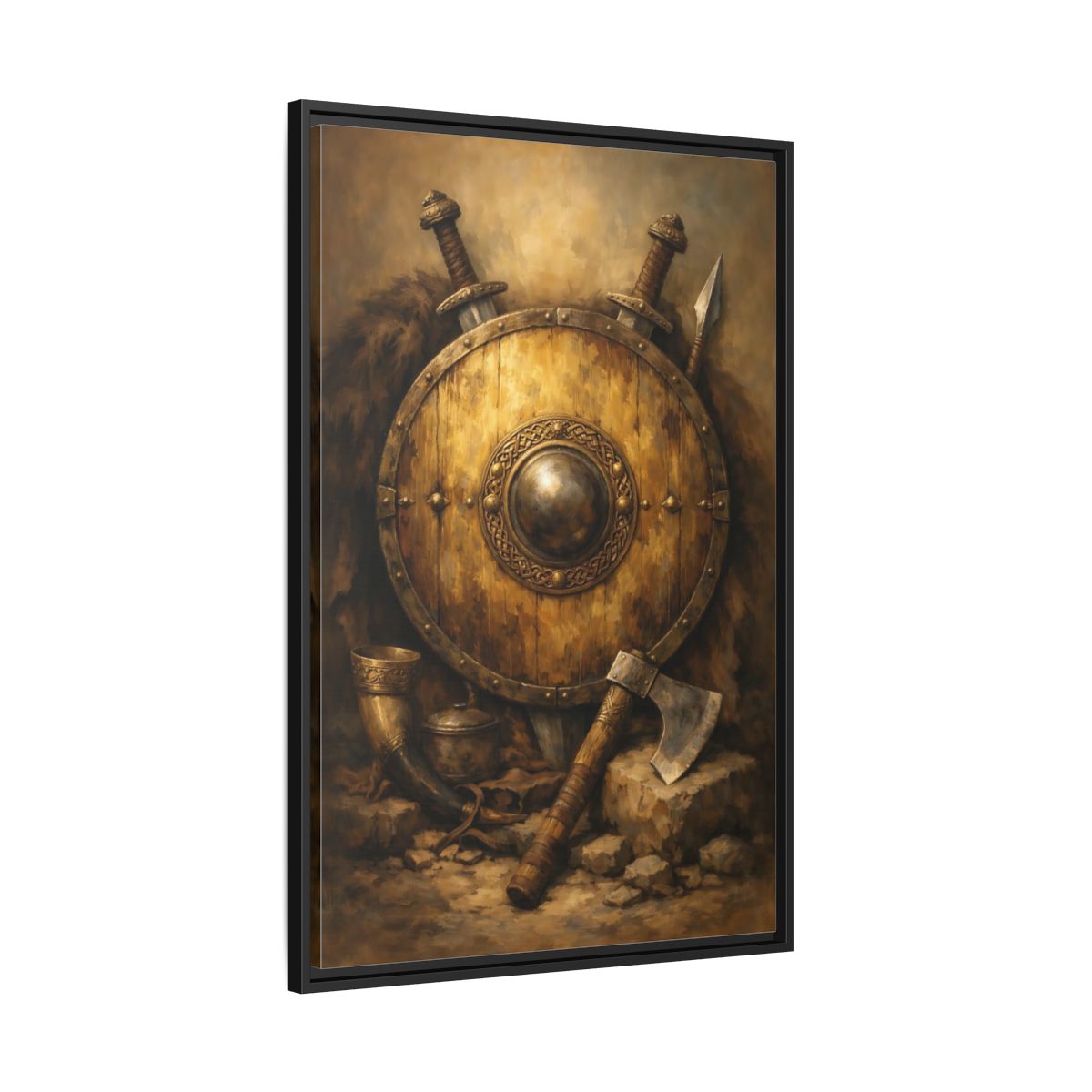 Side Mockup 13. Vintage Viking Shield Brown And Gold shown as stretched canvas wall art