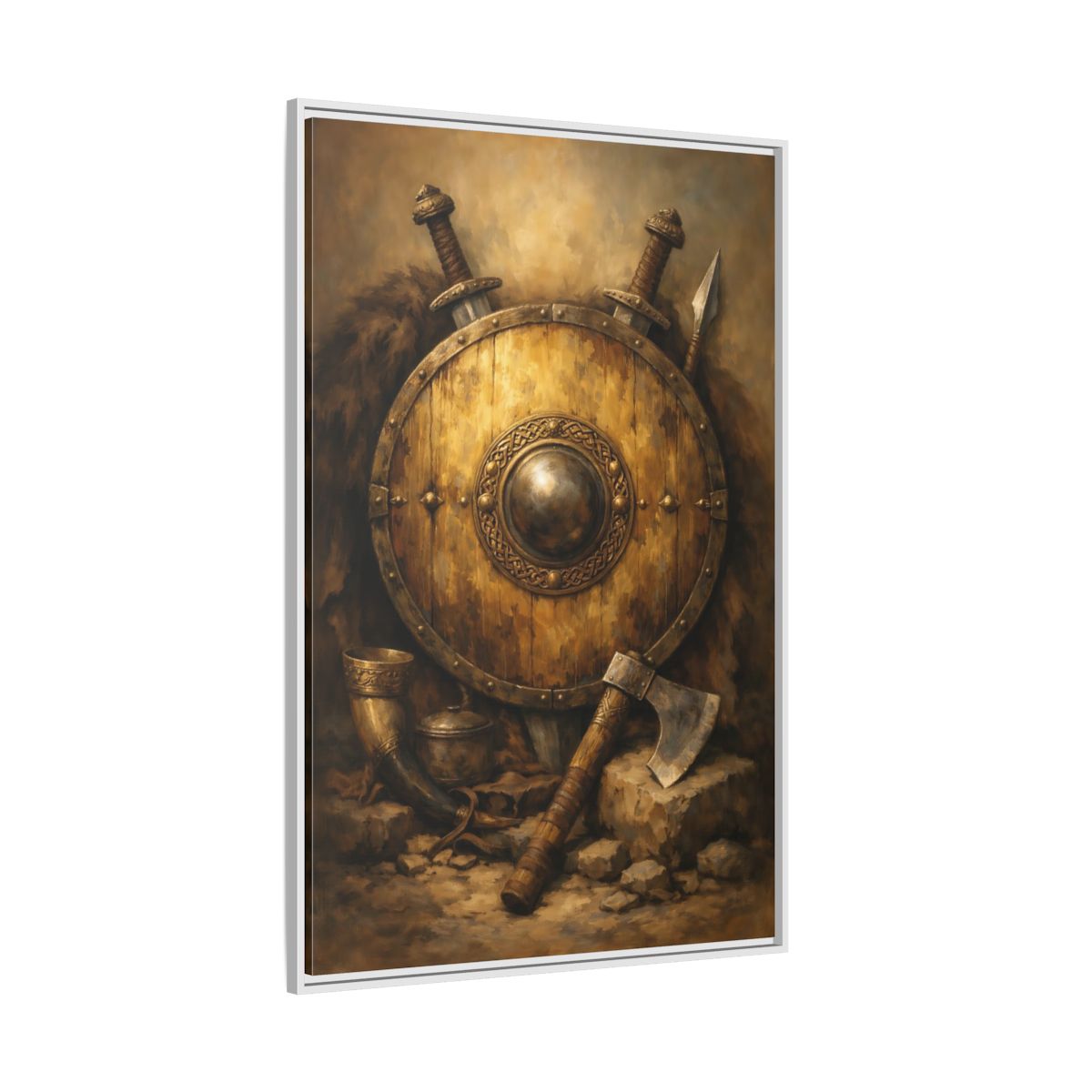 Side Mockup 7. Vintage Viking Shield Brown And Gold shown as stretched canvas wall art