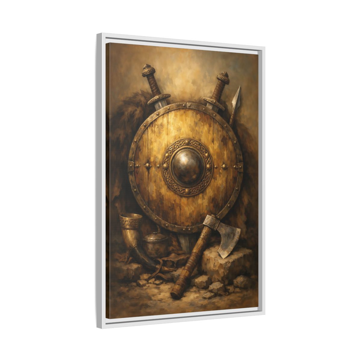 Side Mockup 11. Vintage Viking Shield Brown And Gold shown as stretched canvas wall art