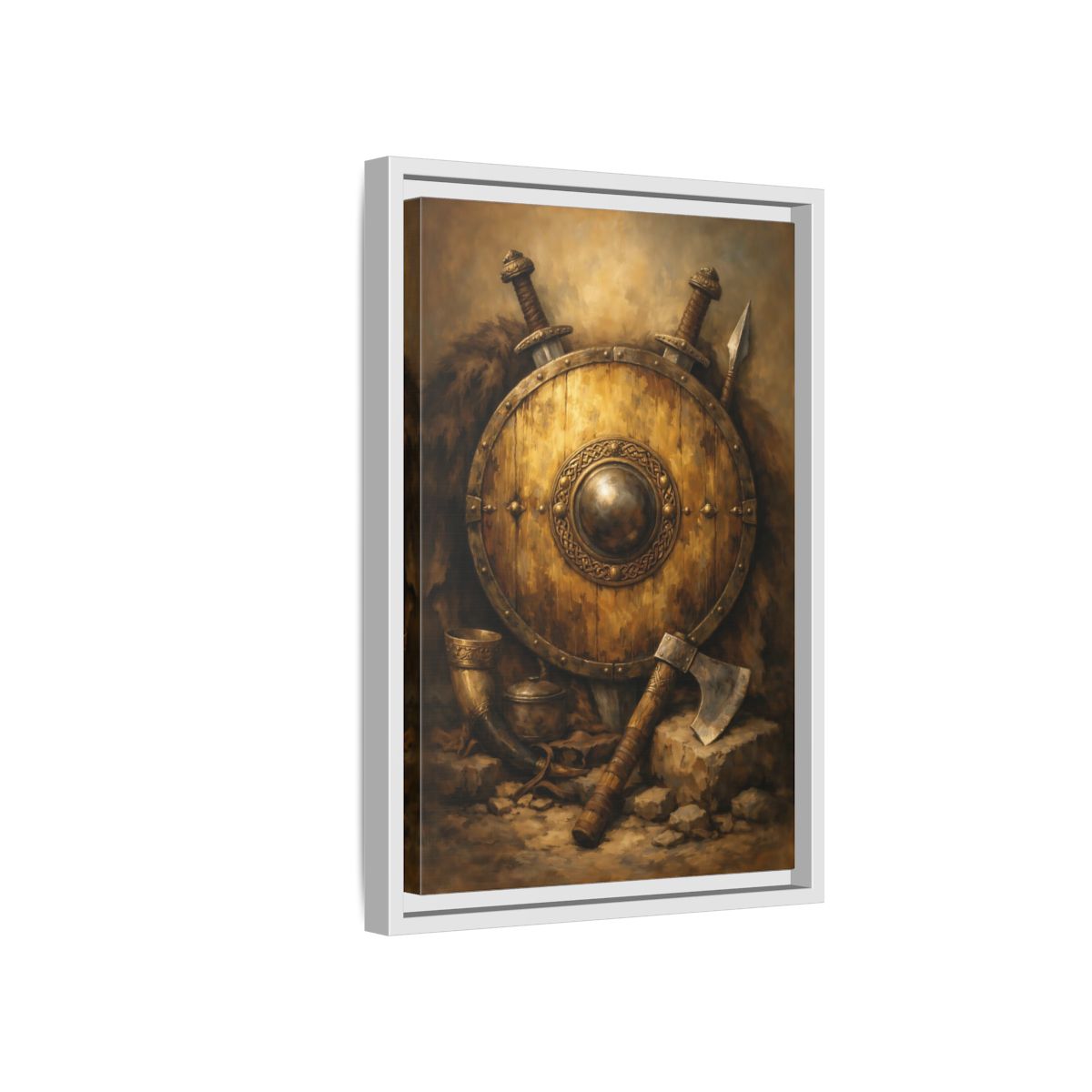 Side Mockup 4. Vintage Viking Shield Brown And Gold shown as stretched canvas wall art