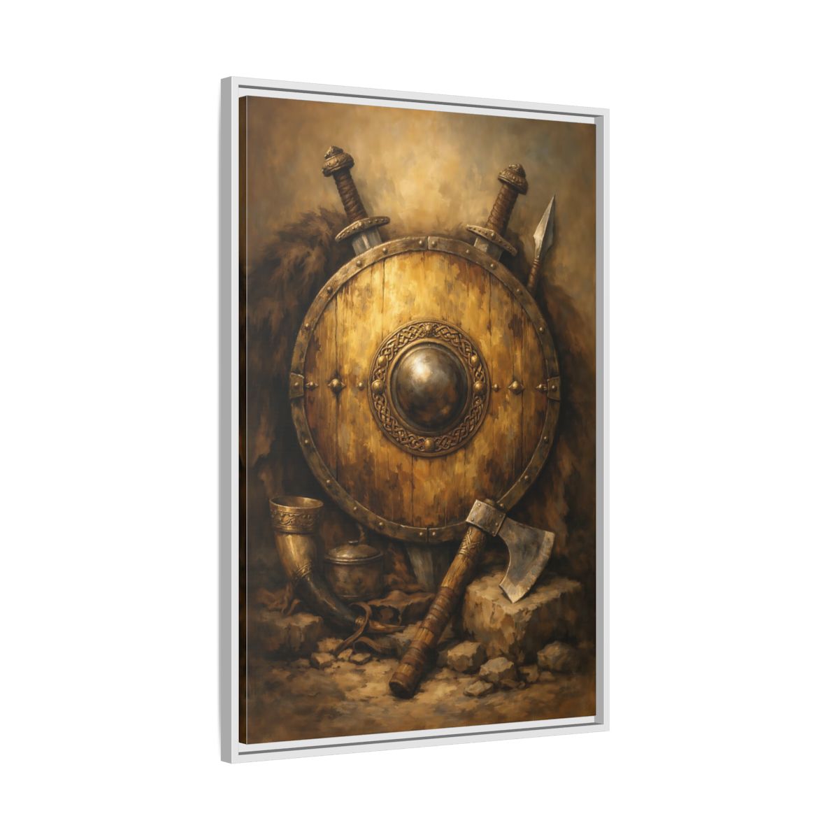 Side Mockup 9. Vintage Viking Shield Brown And Gold shown as stretched canvas wall art