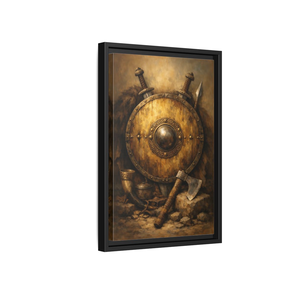 Side Mockup 6. Vintage Viking Shield Brown And Gold shown as stretched canvas wall art