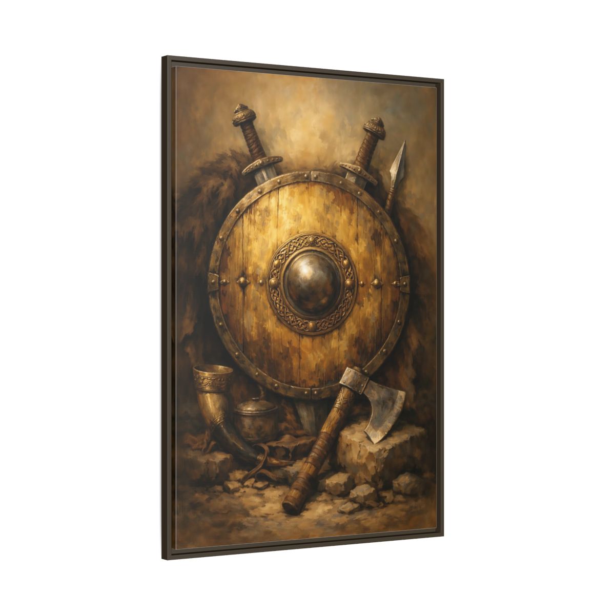 Side Mockup 8. Vintage Viking Shield Brown And Gold shown as stretched canvas wall art