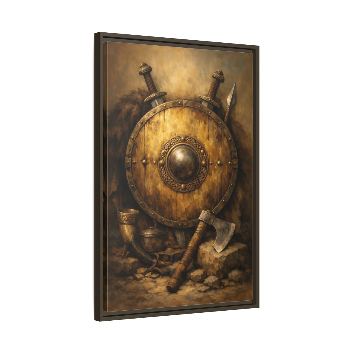 Side Mockup 12. Vintage Viking Shield Brown And Gold shown as stretched canvas wall art
