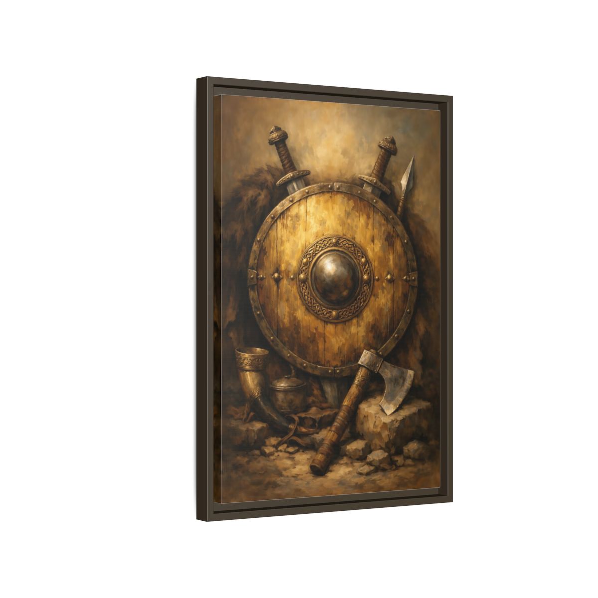 Side Mockup 2. Vintage Viking Shield Brown And Gold shown as stretched canvas wall art