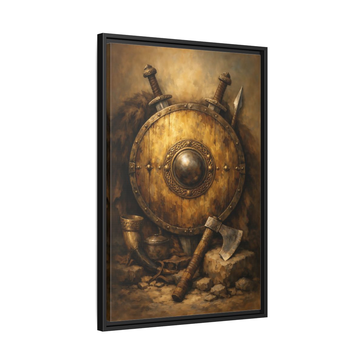 Side Mockup 14. Vintage Viking Shield Brown And Gold shown as stretched canvas wall art