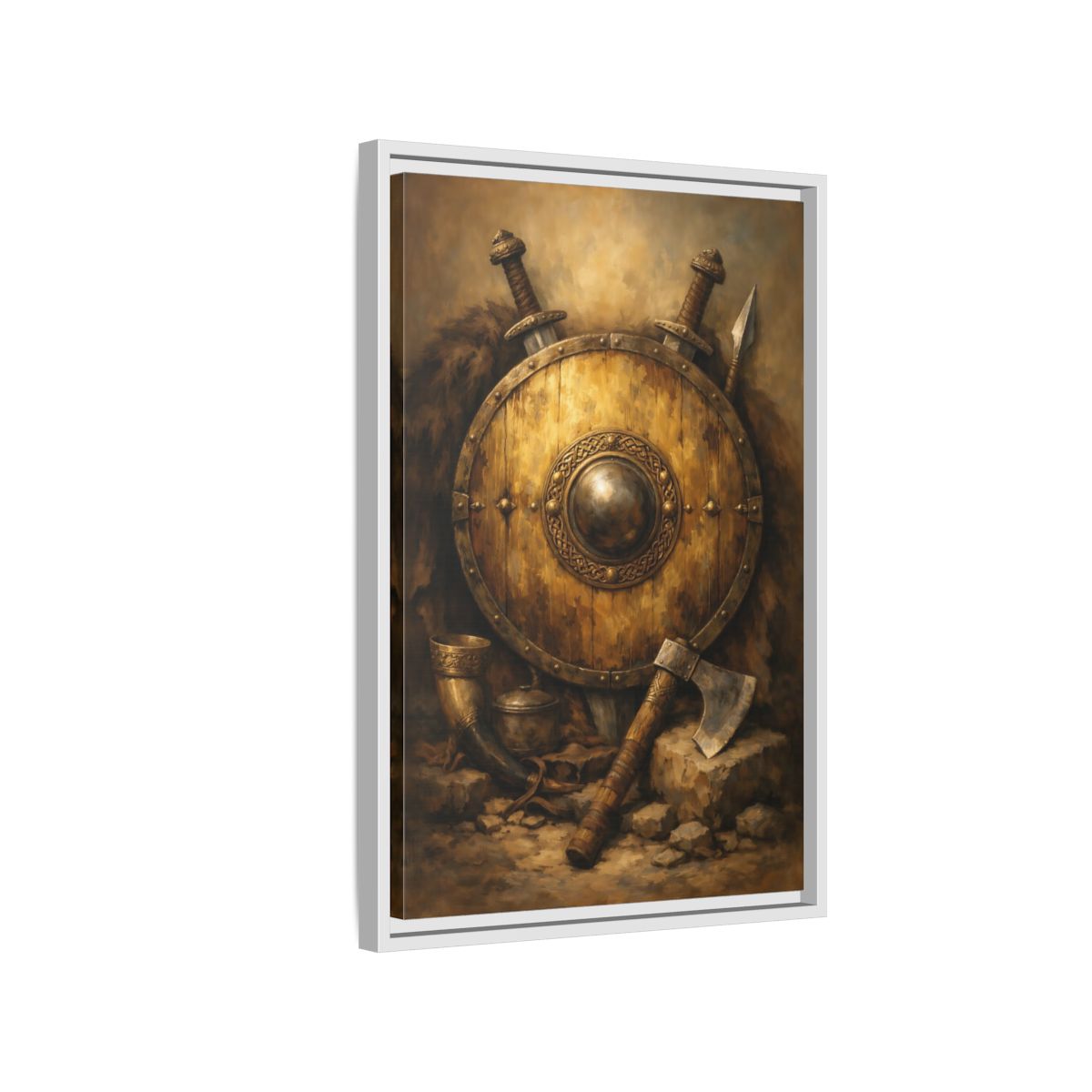 Side Mockup 1. Vintage Viking Shield Brown And Gold shown as stretched canvas wall art