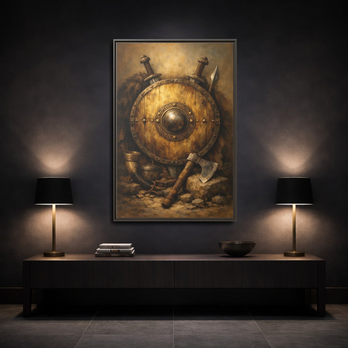 Mockup 2. Vintage Viking Shield Brown And Gold shown as stretched canvas wall art